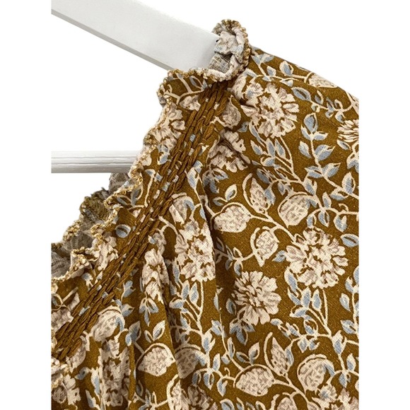 Faherty Blouse Womens Small Brown Floral Linen Blend Boho Peasant Ruffle Smocked - Picture 6 of 10